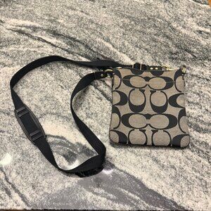 Coach Signature Crossbody Top Zip Shoulder Bag with Black Leather Trim